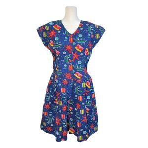 Access Colorful Geometric Print Blue Cotton Romper‎ Women's Med Vintage Culottes